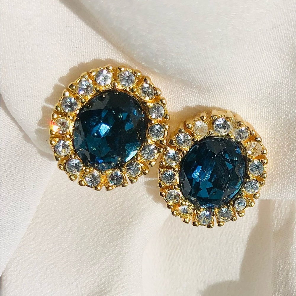 Vintage Christian Dior ✨ Blue Crystal Clip On Earrings Signed